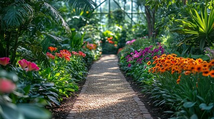 Stone Path Through a Lush Garden with Vibrant Flowers