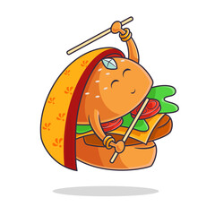 Happy Navratri Design, With Burger Mascot Dancing can be use for poster, banner, billboard, social media design. Portrait orientation. Cartoon Illustration Design, Premium Vector File.