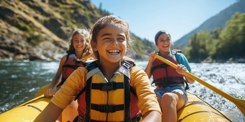 A family embarking on an outdoor adventure, whitewater rafting down a river, with smiles and excitement as they conquer the rapids.
