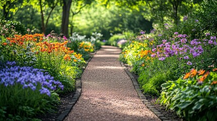 Fototapeta premium A Stone Path Lined with Vibrant Flowers in a Sunny Garden
