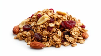 A close-up of granola mixed with dried fruits and nuts, showcasing a healthy breakfast option isolated on a white background.