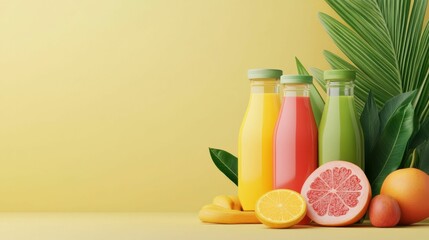 Fototapeta premium Three glass bottles of tropical fruit juices with citrus slices and green leaves on a yellow background, creating a vibrant, refreshing scene.