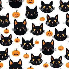 seamless pattern of cats' faces in different colors, highlighted on a white background. Background wallpaper with cartoon cat faces. Pattern for textiles, packaging, etc.