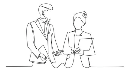 colleagues discussing work outside the office.discussing strategy.walking together,discussing business.single line vector illustration.one continuous line