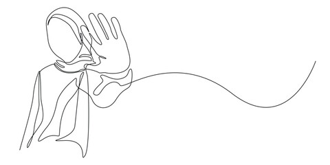 portrait of a Muslim woman extending her hand towards the front.gesture of a person refusing.one continuous line drawing.single line vector illustration