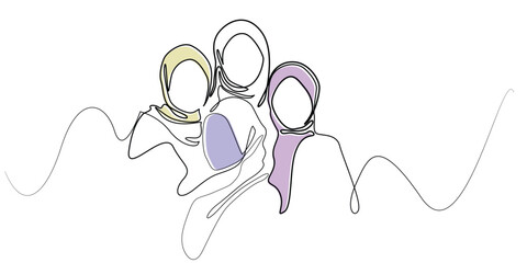 one line drawing portrait of muslim women friendship.line art group of muslim women.single line vector illustration