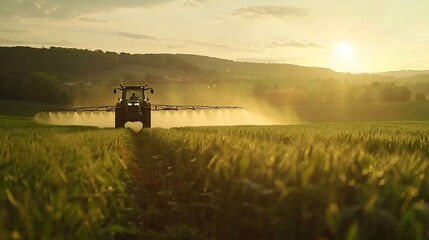 Fototapeta premium Tractor spraying pesticides on a green field.