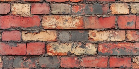 Weathered Red Brick Wall with Mortar and Flaking Paint