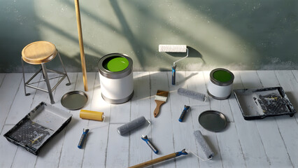 Contruction renovation Painting Unfinish room interior. 3D render. idea concept.	
