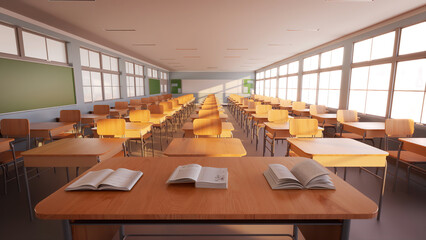 short of books stacked on table class room Rendering  of education school classes room. learning back to school idea concept. 3D render.