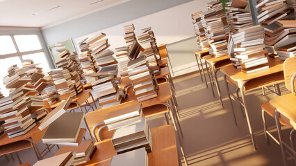 short of books stacked on table class room Rendering  of education school classes room. learning back to school idea concept. 3D render.