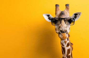 Cool giraffe wearing sunglasses on a yellow mastase background. Ideal for playful designs. Wildlife Animals.