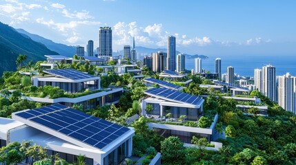 Obraz premium Solar-powered residential complex with green roofs in a modern city surrounded by mountains. Sustainable urban development with clean energy.