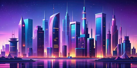 Stylized illustration of a futuristic metropolis at dusk, featuring sleek skyscrapers, neon lights, and majestic architecture, set against a vibrant purple and blue gradient background.