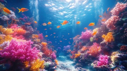 Fototapeta premium Vibrant underwater scene with colorful corals and fish.