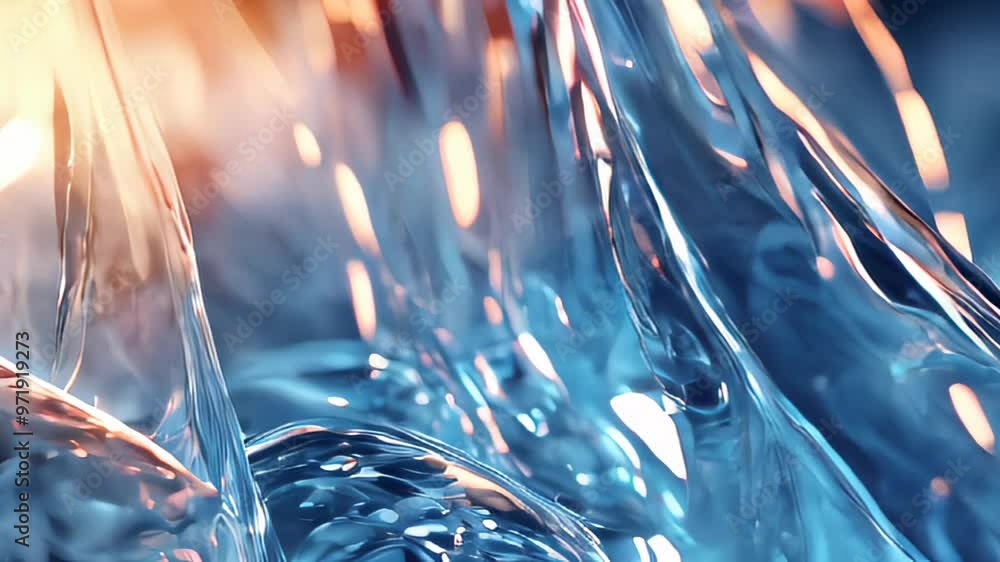 Poster abstract fluid shapes resembling glass, highlighted by warm and cool lighting, creating a mesmerizin