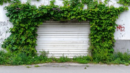 Overgrown garage door surrounded by climbing plants on an old industrial building. Concept of nature overcoming industrial decay and urban renewal.