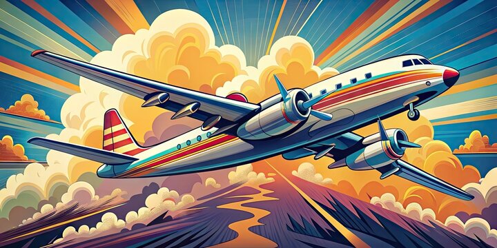 Stylized illustration of a vintage airliner soaring through clouds, rendered in bold lines, vibrant colors, and abstract shapes, evoking nostalgia and freedom.