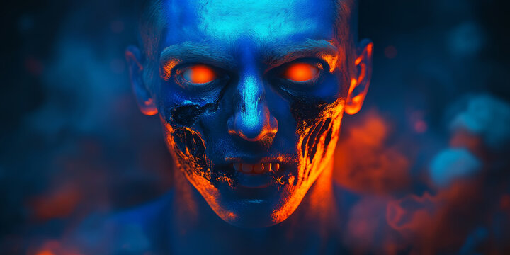 Blue glowing zombie with orange eyes, glowing skin, in a dark, scary background.