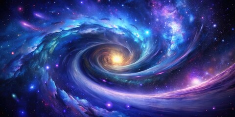 Obraz premium Swirling cosmic vortex of deep blues and purples, stars and galaxies stretched and distorted, against a dark and mysterious background of infinite space.