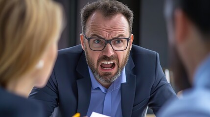 Fototapeta premium Business Dispute: Confrontation Between Two Powerful Figures.Drama,conflict,tension,negotiation,deal,contract,merger,acquisition,layoff. AI-generated.