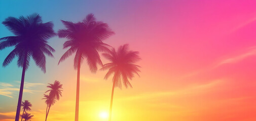 Naklejka premium Silhouettes of palm trees against a colorful sunset sky.