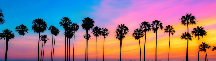 Silhouettes of palm trees against a vibrant sunset sky with pink, orange, and blue hues.