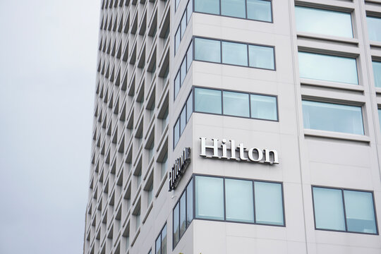 Quebec City, Quebec - Canada: August 11, 2023 -  Hilton Hotel Logo. Quebec City Hilton Hotel.