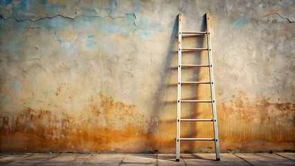 A weathered ladder leaning against a sunlit wall.