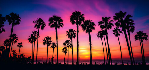 Silhouettes of palm trees against a vibrant pink and orange sunset over a beach.