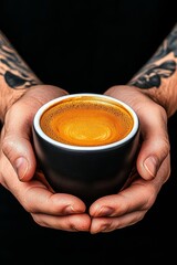 Coffee-themed tattoos on barista's arms, holding a portafilter, industrial coffee shop interior, bold ink art, coffee lovers, industrial tattoo fusion