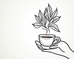 Tattooed hand stirring black coffee in an elegant cup, minimalist background, intricate linework tattoos of coffee plants and grinders, coffee lovers, minimalist tattoo style