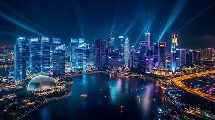 Fototapeta premium A panoramic view of a tech-driven city illuminated by IoT-powered infrastructure and blockchain-secured systems