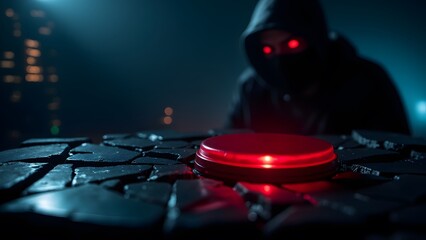 A hooded figure interacts with a glowing red button in dark, high-tech settings, symbolizing...