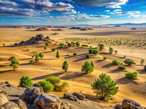 Vast expanse of endless dunes, rugged rocky outcrops, and sparse saxaul trees stretch towards the horizon in the arid, sun-scorched Mongolian Gobi Desert landscape.