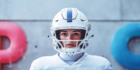 Fototapeta premium Focused Female American Football Player in White Helmet Standing Against a Modern Background