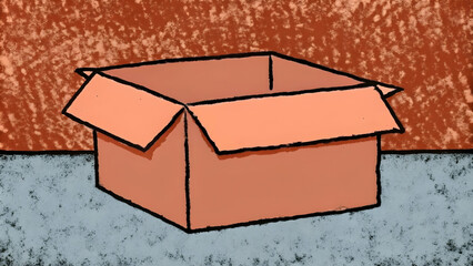 An open cardboard box with a simple design and a red background.