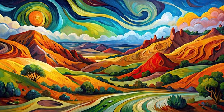 Vibrant abstract composition featuring swirling shapes, bold brushstrokes, and earthy tones, evoking the rugged beauty and mysterious landscapes of Izard County.