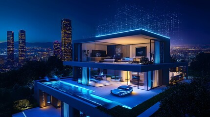A smart home in a futuristic city adjusting lighting, temperature, and entertainment preferences through IoT and blockchain technology
