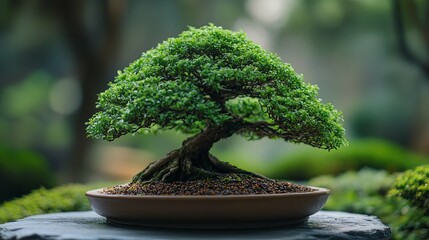 A miniature bonsai tree with lush green foliage in a brown pot