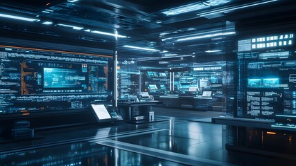 A futuristic, automated workplace where blockchain-based systems enhance productivity and streamline workflows