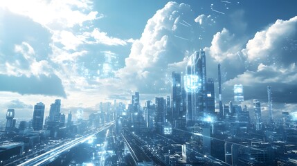 A panoramic view of a futuristic, data-driven city, showcasing a seamless integration of work, life, and technology