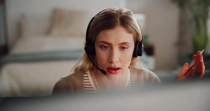 Woman, house and teaching with headset on computer as online English teacher on language lesson. Female person, tutor and remote work as employee for elearning on video call and virtual class