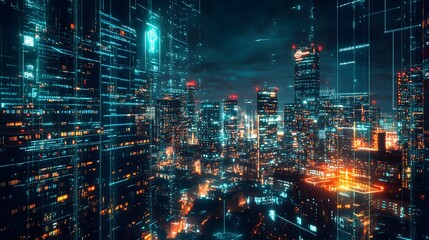 Fototapeta premium A futuristic city illuminated by neon lights and interconnected through blockchain and IoT infrastructure