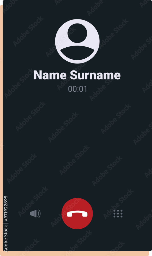 Poster smartphone is showing an incoming call screen with a timer, contact info and action buttons