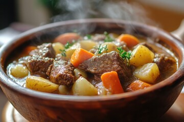 Steaming Beef Stew with Vegetables in Bowl