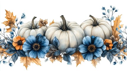Watercolor Painting of White Pumpkins with Blue Flowers and Autumn Leaves