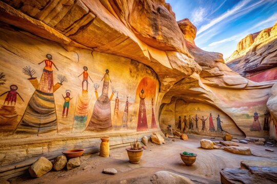 Vibrant ancient Native American murals adorn sandstone walls in a serene California wilderness, showcasing tribal stories and abstract artistry within a protected cave sanctuary.