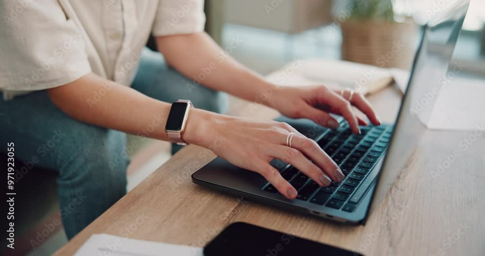 Canvas Prints Hands, person and typing with laptop at house for financial planning, mortgage payment and loan application. Digital, mobile and paperwork for property insurance, banking report and income invoice