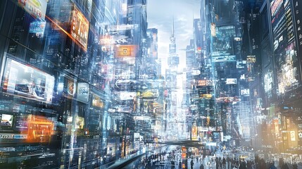 An urban landscape filled with digital pathways guiding citizens through data-driven spaces, blending work, life, and entertainment